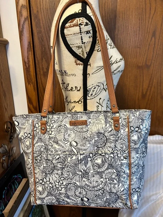 Sakroots Black & White Floral Canvas Tote with Tan Trim - Picture 1 of 10